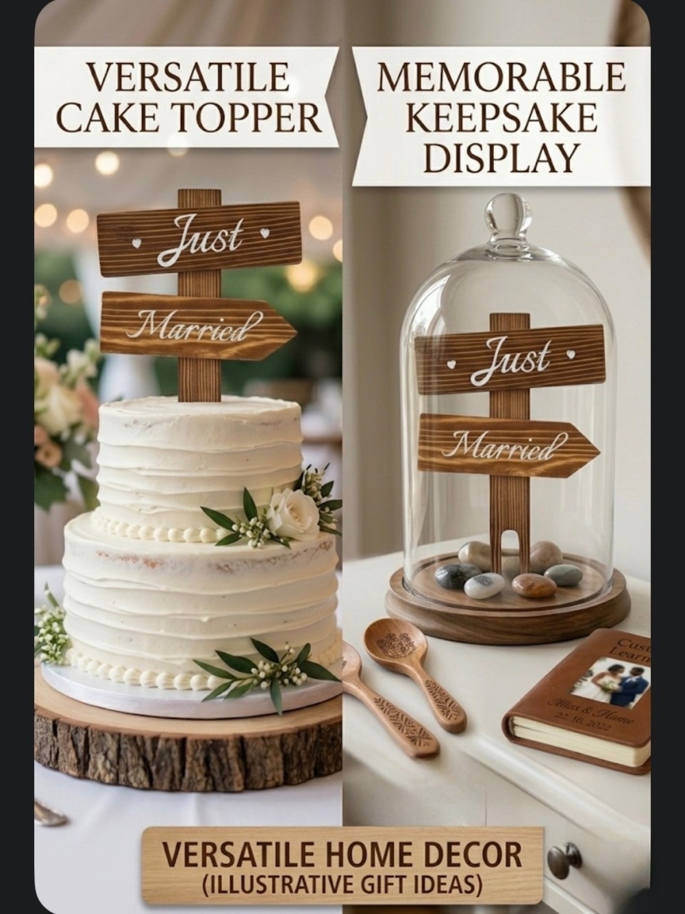 Wooden Just Married Wedding Cake Topper Rustic Directional Sign Decor